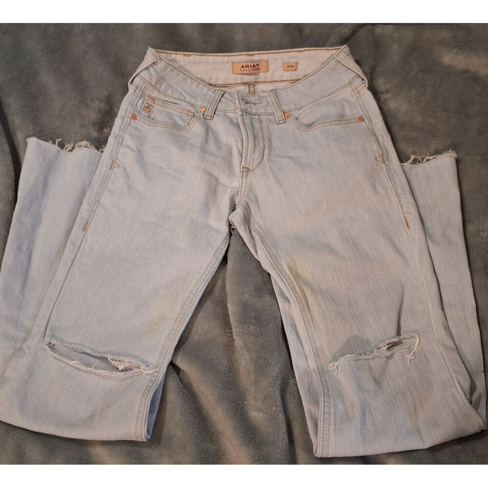 ARIAT Perfect Rise Flare Jeans Women 27S Distress Raw Hem REAL Denim Light Blue